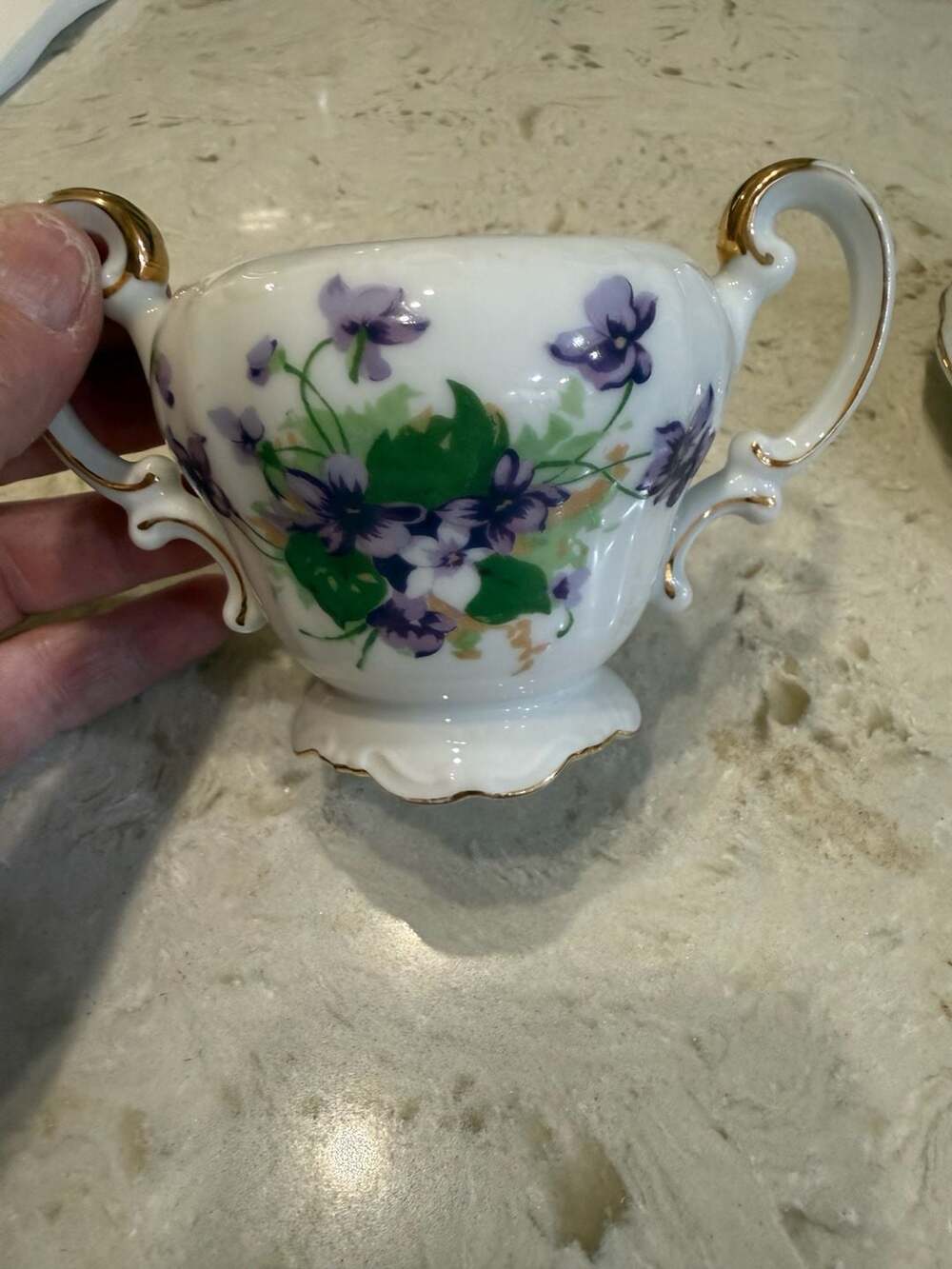 Vintage Saji Made in Japan Purple Violets Floral Sugar Bowl with Gold Trim